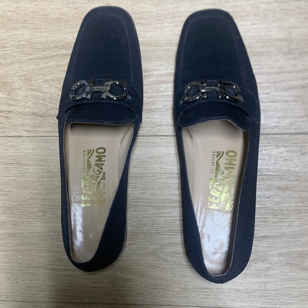 Salvatore Ferragamo Men's Dark Blue Loafers with Metallic Buckle